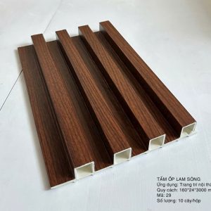 Tấm ốp lam sóng nhựa giả gỗ mã 29 màu óc chó đậm với 5 sóng cao, cấu trúc rỗng, dùng để trang trí tường và trần nội thất sang trọng