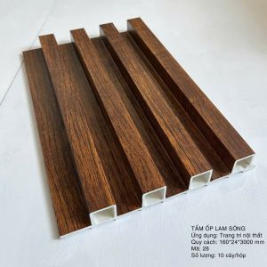 Hình ảnh tấm ốp lam 4 sóng cao nhựa giả gỗ mã 28 màu nâu gỗ, cấu trúc sóng vuông độc đáo, phù hợp trang trí vách tivi, ốp tường, ốp trần nội thất