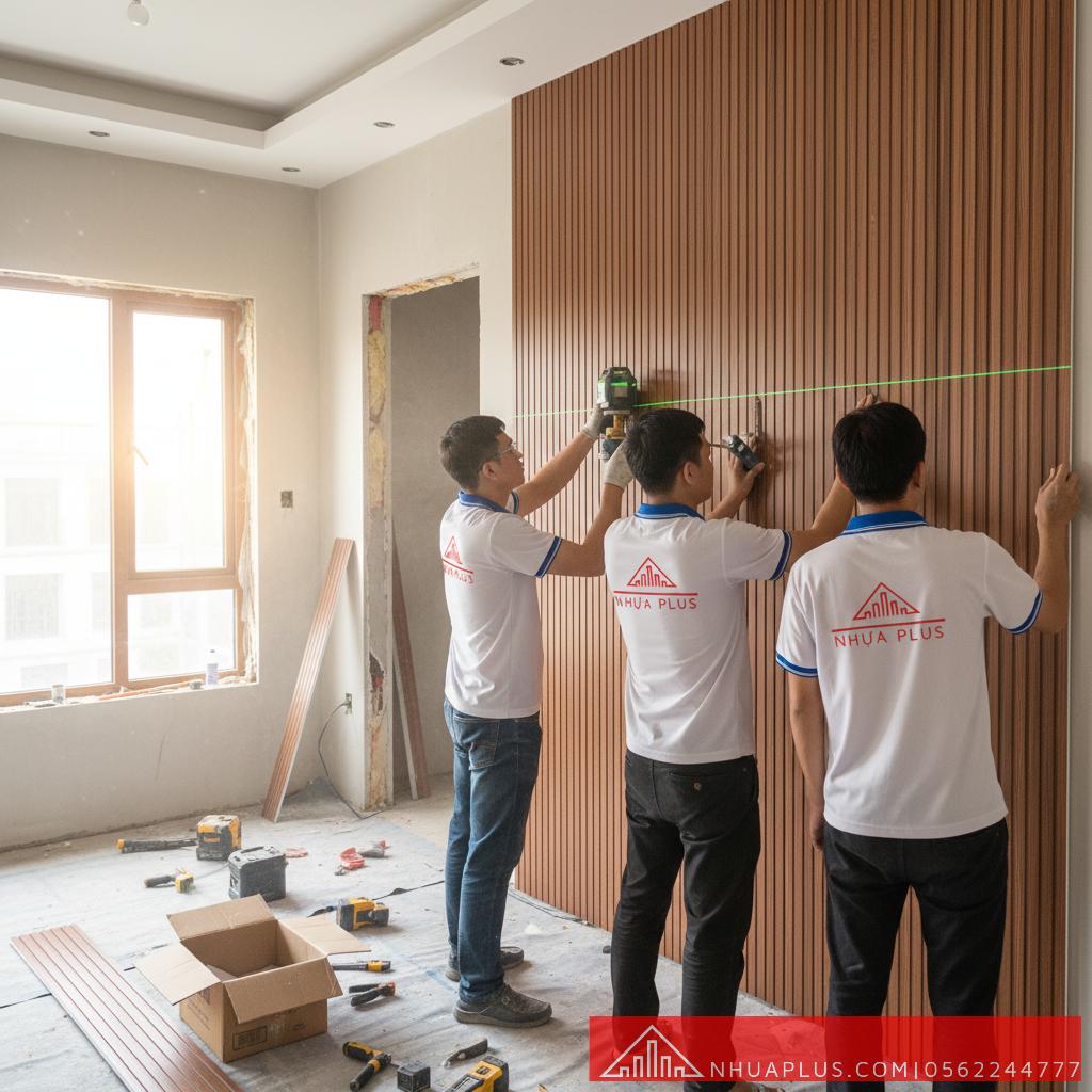 Đội thợ thi công tấm lam sóng lành nghề tại Nhựa Plus